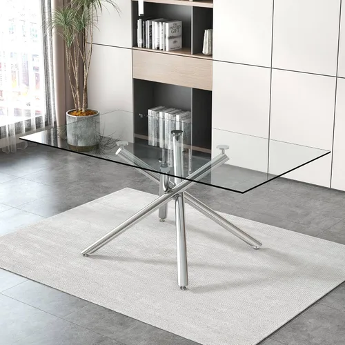 Vista 6 de Mesa de comedor rectangular de cristal minimalista grande y moderna para 4 y 8 personas con mesa de vidrio templado de 0.39 pulgadas y patas