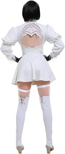 Vista 2 de miccostumes Disfraz de cosplay para mujer, vestido blanco de dos piezas, falda de leotardo