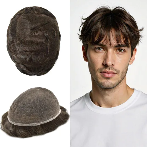 Vista 32 de PUNRU HAIR Completo Swiss Lace Toupee para hombres Sistema de cabello humano real Sistema de reemplazo de cabello humano para hombre Toupee