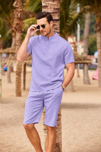 Vista 8 de COOFANDY Conjunto de 2 piezas de lino para hombre, camisas Henley casuales de manga corta, pantalones cortos de yoga para la playa, pantalones
