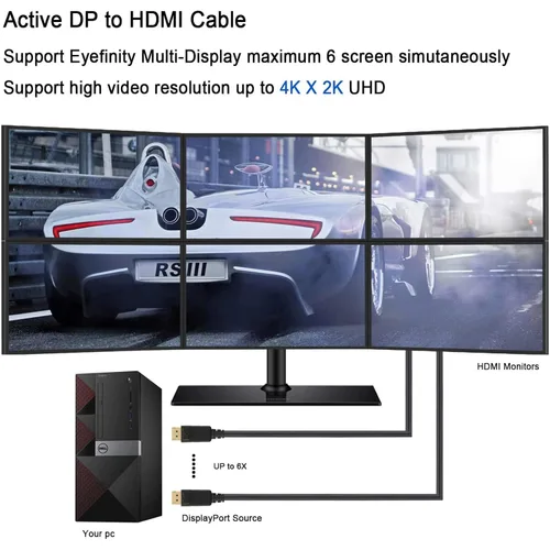 Vista 5 de CableCreation 4K - Cable DisplayPort activo a HDMI de 6 pies, cable DP a HDMI DP 1.2 4K x 2K & 3D Audio/Video Monitor Cable, compatible