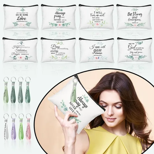 Vista 5 de Panelee 48 bolsas de cosméticos cristianos a granel para mujeres, bolsas de maquillaje con versículos de la Biblia, llaveros inspiradores, regalos