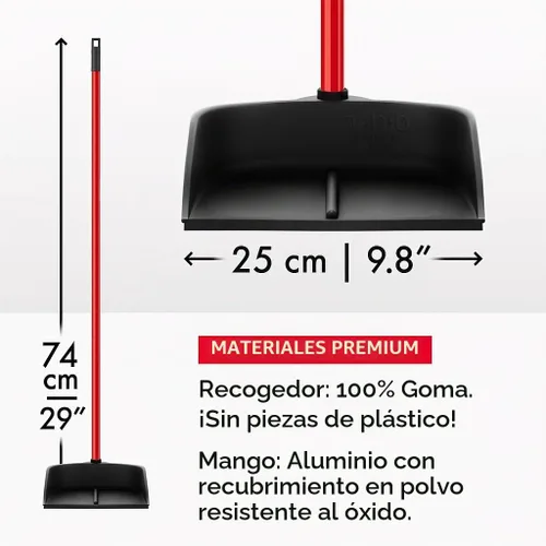 Vista 4 de Recogedor con mango de Ravmag - Construcción sólida de goma natural - Mango de 29" de largo - Diseño vertical - Se adapta a cualquier escoba/cepillo