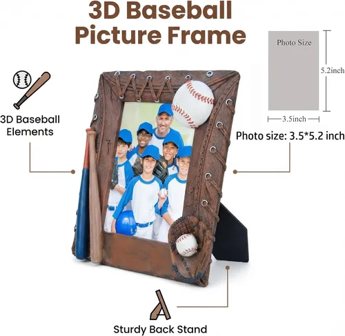 Vista 2 de Marco de fotos hecho a mano, marco deportivo de béisbol 3D, regalos de cumpleaños para hombres, mujeres, atletas, entrenadores, equipos (marrón)