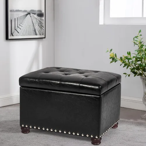 Vista 8 de Otomana de cuero con almacenamiento, 24 pulgadas, reposapiés otomanos con tapa con bisagras, taburetes tapizados rectangulares, con cabeza de clavo