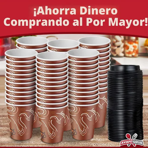 Vista 5 de Avant Grub Paquete de 100 tazas de café de papel de grado restaurante de 12 onzas con tapas de cúpula reciclables. Vasos desechables duraderos sin