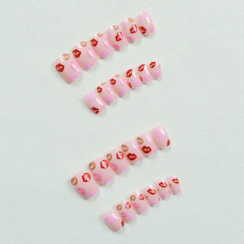 Vista 5 de Uñas postizas a presión para San Valentín, uñas postizas cortas cuadradas MABKJLF nude con diseños de labios, cobertura completa, pegamento