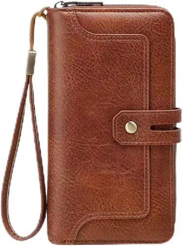Vista 7 de Cartera pequeña de piel plegable para mujer, de gran capacidad, con bloqueo Rfid, con cremallera, con 16 ranuras para tarjetas y 2 ventanas