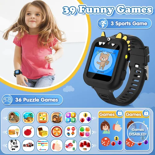 Vista 5 de Reloj Inteligente para Niños Regalo para Niños de 3-12 Años con 39 Juegos Despertador Cámara Reproductor de Video y Música Podómetro Linterna