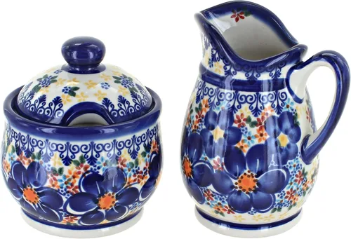 Vista 6 de Set de crema y azúcar de flor de manzana y cerámica polaca de rosa azul