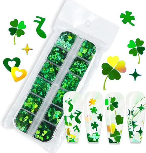 Vista 4 de 12 rejillas para el Día de San Patricio para uñas con purpurina y lentejuelas holográficas 3D trébol verde trébol para uñas con purpurina de corazón