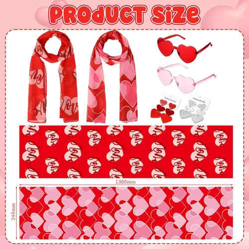 Vista 3 de Cutecrop Kit de 8 accesorios de San Valentín, 2 chales de gasa para el día de San Valentín y 2 bufandas cuadradas de satén con estampado de corazón