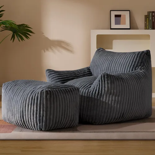 Vista 16 de Puf Chaise Lounge de Gran Tamaño para Interiores para Adultos con Reposabrazos y Otomana - Puf Gigante Cómodo Beige Perezoso para el Suelo, Sofá