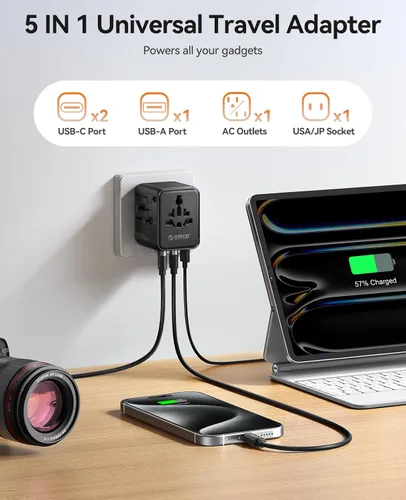 Vista 4 de ORICO Adaptador de viaje universal con 2 CA 2 USB-C y 1 conector USB-A, adaptador de corriente internacional PD 20W, cargador de pared esencial