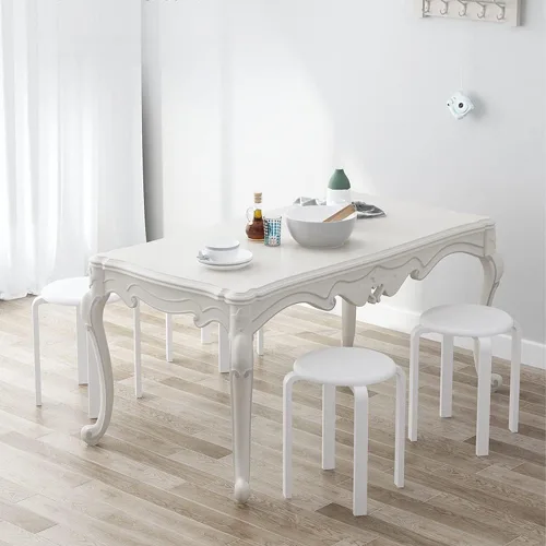 Vista 2 de Juego de 6 taburetes apilables de madera curvada, modernos taburetes de bar curvos con almohadillas anslizantes, redondos de madera para cocina