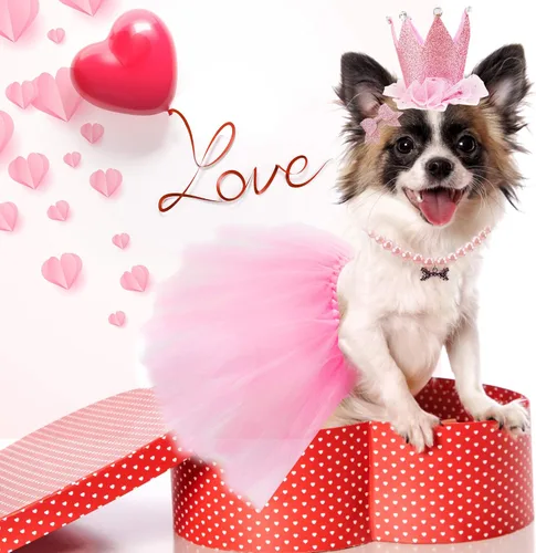 Vista 6 de Disfraz de tutú para perro, tutú rosa para perros pequeños y medianos, suministros para fiesta de cumpleaños, sombrero de cumpleaños para perro