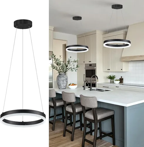 Vista 32 de Benkut Lámpara de Araña de Anillo LED Moderna Negra para Comedor, Lámpara de Araña de Techo Circular Empotrada Regulable con Control Remoto