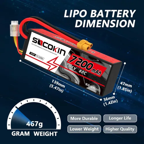 Vista 5 de 3S 11.1V Lipo Batería 7200mAh 80C Lipo Batería con estuche rígido XT60 Plug para RC Racing Truck Boat Car Racing RC Heli Airplane y Slash 1/10