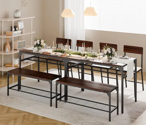 Vista 9 de SUNLEI Mesa de comedor para 4 personas con 2 sillas y un banco de almacenamiento, juego de mesa de cocina pequeño con estante para vino, escritorio