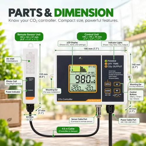 Vista 6 de Controlador de CO2 con sensor de CO2 NDIR con cable, controlador de dióxido de carbono enchufable, el monitor de CO2 puede adaptarse con regulador