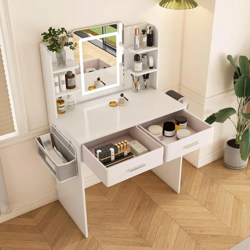 Vista 26 de Montary Mesa de tocador de maquillaje de 39 pulgadas con espejo iluminado con pantalla táctil, tocador de madera de goma con cajón grande