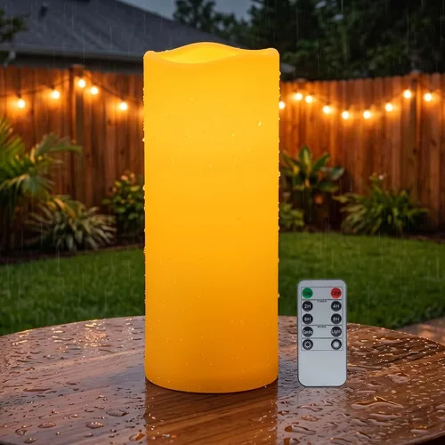 Vista 11 de Amagic Paquete de 2 velas eléctricas de plástico sin llama de 6 x 4 pulgadas para exteriores con control remoto y temporizador, velas falsas