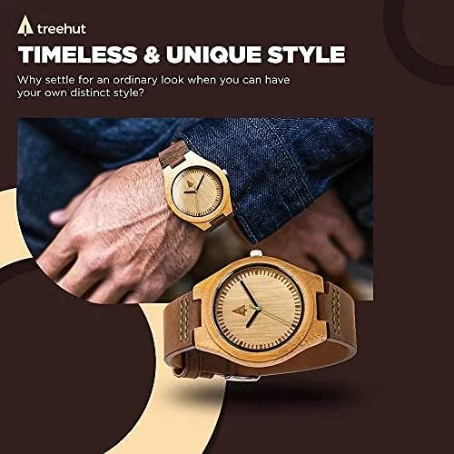 Vista 4 de Treehut - Reloj de pulsera analógico para hombres, de madera con correa de piel auténtica, estilo elegante.