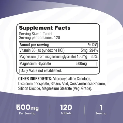 Vista 4 de 365 Health Glicinato de magnesio 500 mg por tableta – 120 tabletas vegetarianas – B6 añadido para una máxima absorción – Apoya la salud muscular