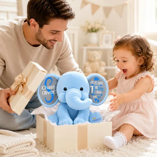 Vista 7 de Animal de peluche de elefante personalizado - Anuncio de estadísticas de nacimiento personalizadas, animales de peluche de elefante para bebés, baby