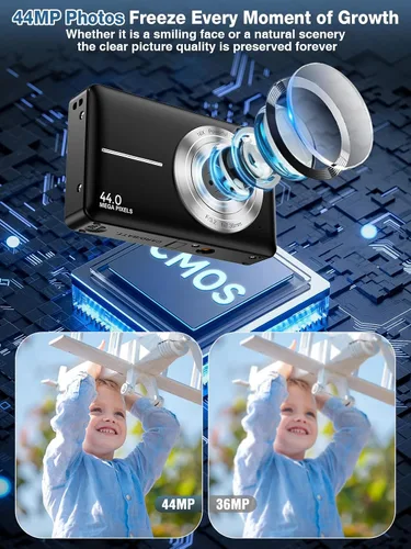 Vista 2 de Cámara digital, FHD 1080P para niños, cámara digital de 44 MP para apuntar y disparar con tarjeta de 32 GB, zoom de 16X, antivibración, sello