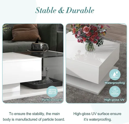 Vista 7 de P PURLOVE Mesa de centro para sala de estar, mesa de centro moderna con vidrio templado, mesa de cóctel de madera con superficie UV de alto brillo