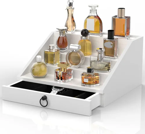 Vista 10 de upcessory Organizador de colonia de madera para hombres, estante mejorado de colonia de 4 niveles, organizador de perfumes con cajón forrado