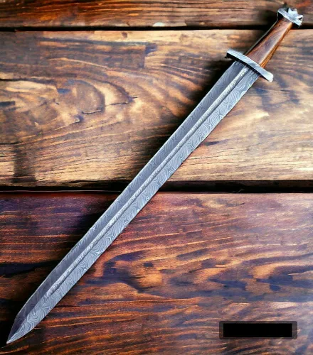 Vista 2 de Damascus - Espada vikinga de acero hecha a mano de 37 pulgadas de largo, mango de madera rosa de espiga completa, gris, 32 pulgadas, 37 pulgadas