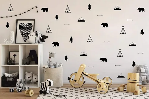 Vista 3 de Vinilo adhesivo de pared de bosque, osos, flechas, tipi, árboles y montañas, calcomanías de pared de vinilo mate para dormitorio de bebé
