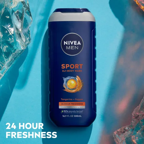 Vista 4 de NIVEA Men Sport Body Wash con minerales revitalizantes, aroma a mandarina y pimienta, gel de baño 3 en 1 para hombre, cara y cabello, sin parabenos