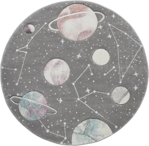 Vista 6 de Paco Home Alfombra de juego para niños, diseño de galaxia, para habitación infantil, planetas y estrellas, color gris, tamaño: 2 pies 8 pulgadas x 4