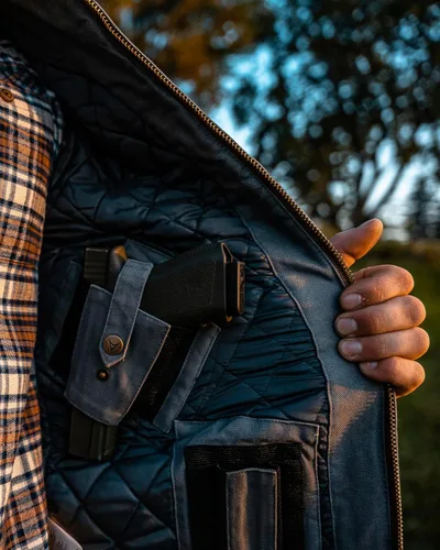 Vista 4 de Venado Chaleco de transporte oculto para hombre, lona resistente, bolsillos de transporte ocultos