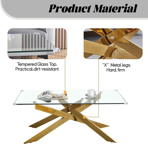 Vista 6 de Mesa de centro de cristal de 47 pulgadas, moderna tapa rectangular de vidrio templado con patas de metal con cruz dorada, mesa central de espacio