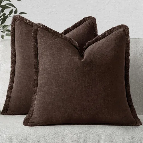 Vista 9 de MIULEE Juego de 2 fundas de almohada decorativas de lino neutro con flecos, fundas de cojín de estilo bohemio con borlas para sofá, cama, sala