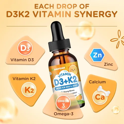 Vista 3 de Gotas de vitamina D3 K2 para niños, suplemento líquido con calcio, Omega 3, zinc, vitamina D3 K2 para absorción de calcio huesos saludables