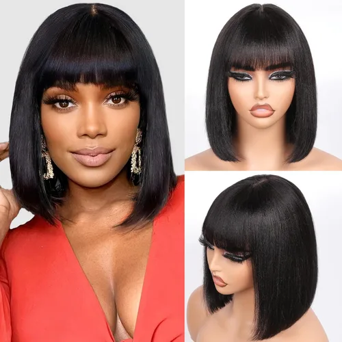 Vista 20 de Straight Human Hair Wigs with Bangs 180% Density 2x4 Lace Front Wigs with Bangs Closure Wear and Go Glueless Wigs 100% Brazilian Virgin Human Hair