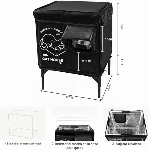 Vista 6 de Casa para gatos al aire libre, refugio elevado indestructible para gatos resistente a la intemperie con puerta de escape, exterior impermeable