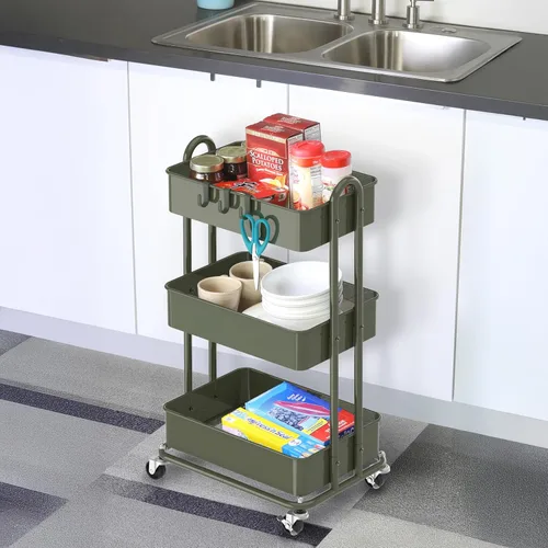 Vista 5 de Simple Houseware Carrito de metal resistente de 3 niveles, verde militar