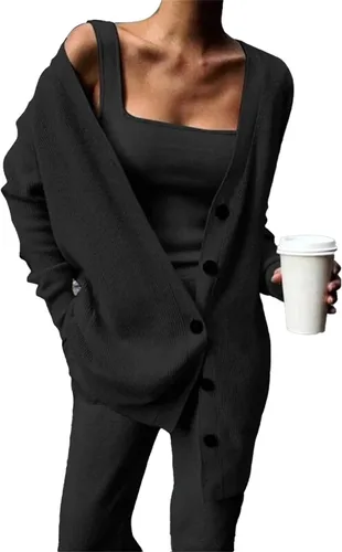 Vista 4 de Hugncmy Chaqueta de punto de 3 piezas para mujer, chaleco y pantalones, suéter de manga larga, sudadera con capucha