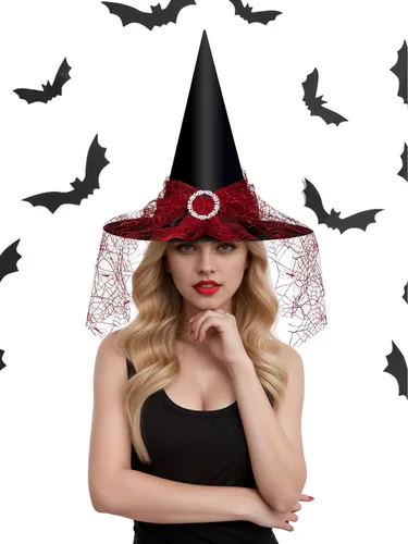 Vista 14 de Edoneery Sombrero de bruja de Halloween para mujer, encaje de malla, accesorio de disfraz de mago para fiestas de cosplay