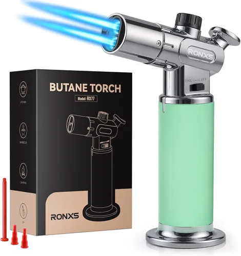 Vista 7 de RONXS Encendedor de antorcha, soplete de butano de cocina recargable, soplete de cocina con bloqueo de seguridad y llama única o doble ajustable