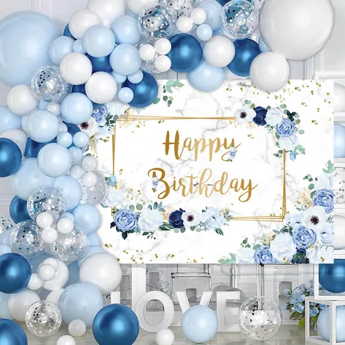 Vista 5 de MEHOFOND Telón de fondo de feliz cumpleaños de 7 x 5 pies, flores azules y blancas, fondo de fotografía de cumpleaños para niñas, puntos geométricos
