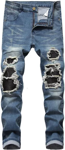 Vista 9 de Baylvn - Pantalones de mezclilla para hombre con diseño patchwork, ajustados y cómodos, estilo motociclista 3132 Camuflaje y azul