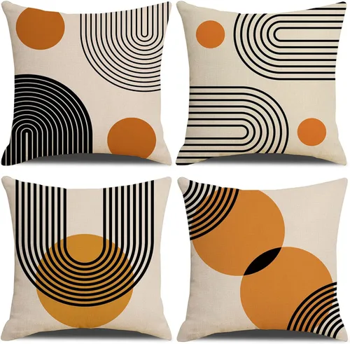 Vista 13 de IcosaMro Juego de 4 fundas de almohada bohemias de 18 x 18 pulgadas, color blanco y negro de mediados de siglo, diseño geométrico moderno de lino