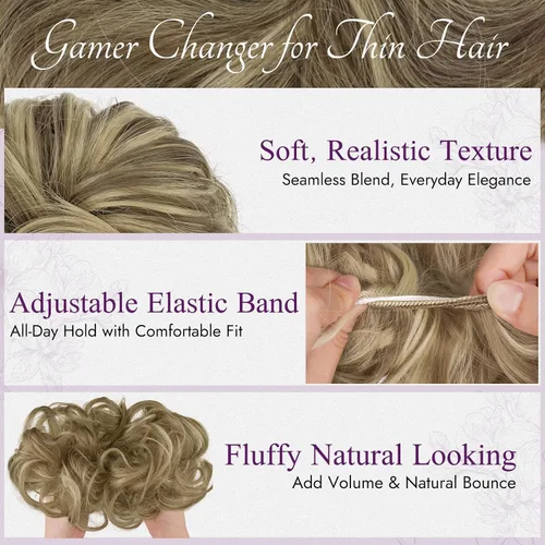Vista 7 de BARSDAR 2 piezas de cabello desordenado de moño + clip de garra, extensión de cola de caballo de cabello humano corto con metales flexibles, marrón